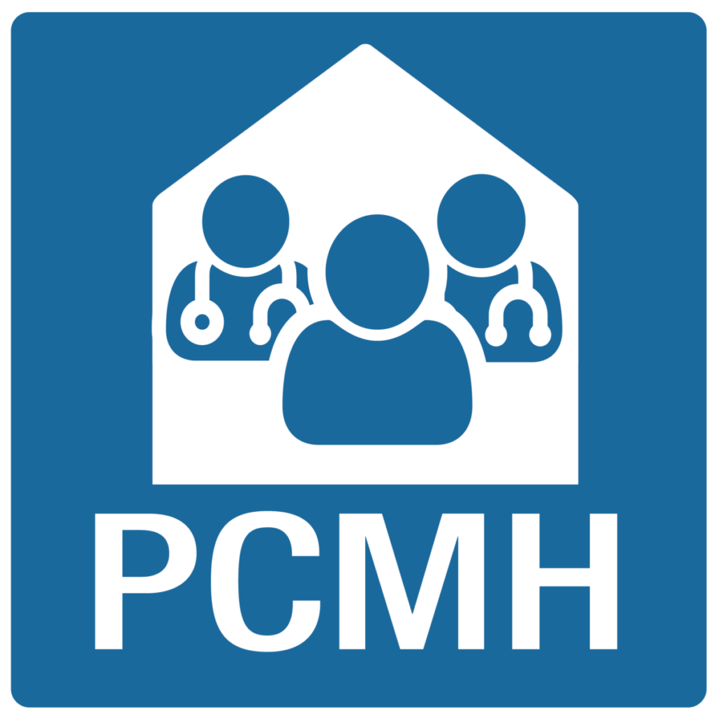 a blue and white sign that says pcmh