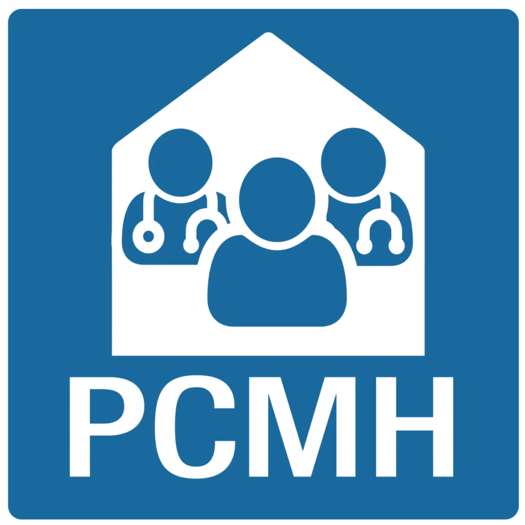 a blue and white sign that says pcmh