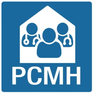 a blue and white sign that says pcmh